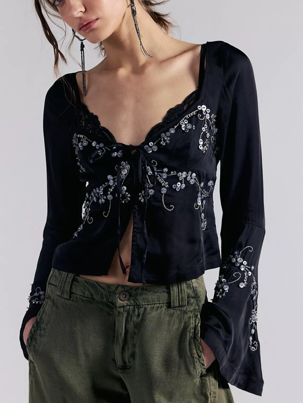 H004.Free People $168. Valerie Top Black Embroidered Tie-Front Satin Top